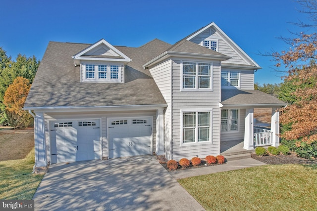 view of front facade with a garage, covered porch, and a front lawn