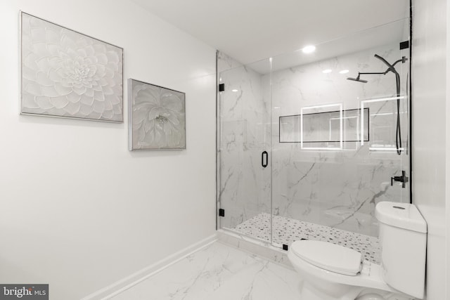 bathroom with toilet, recessed lighting, baseboards, marble finish floor, and a marble finish shower