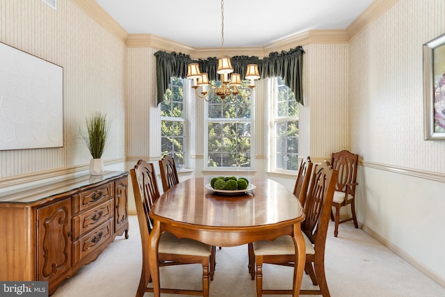 carpeted dining area featuring a wealth of natural light and a chandelier