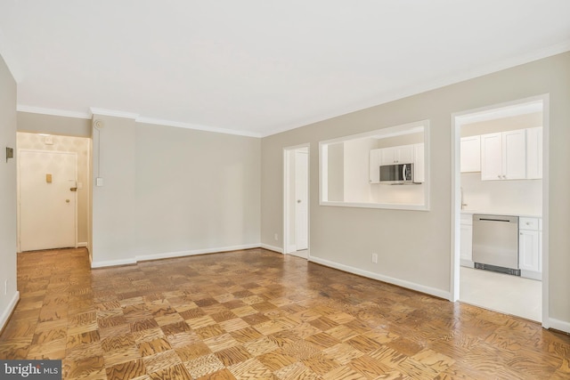 unfurnished living room with light parquet floors and crown molding