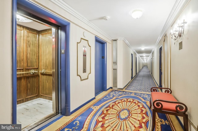 hallway featuring crown molding and elevator