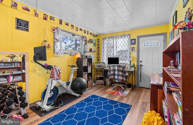 workout room featuring light wood-type flooring