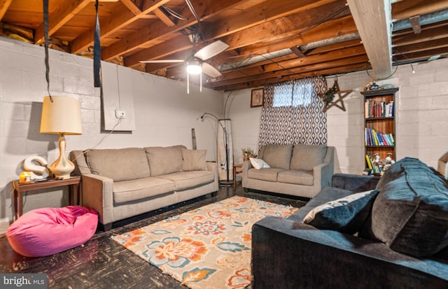 living room featuring ceiling fan