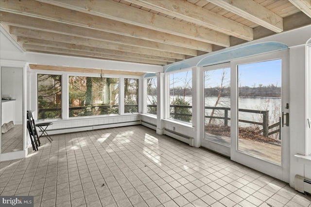 unfurnished sunroom with a baseboard radiator, a water view, baseboard heating, and beam ceiling