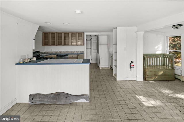 kitchen featuring dishwasher, a peninsula, glass insert cabinets, and black range oven