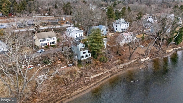 drone / aerial view featuring a water view