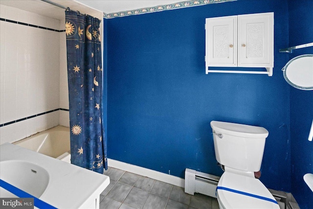 full bath featuring tile patterned flooring, baseboards, toilet, shower / tub combo with curtain, and a baseboard radiator