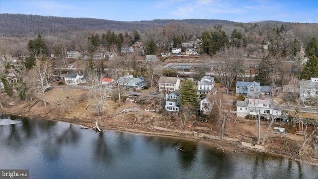 drone / aerial view with a wooded view and a water view