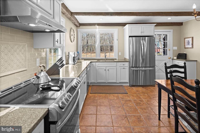 kitchen with a sink, white cabinets, appliances with stainless steel finishes, ventilation hood, and backsplash