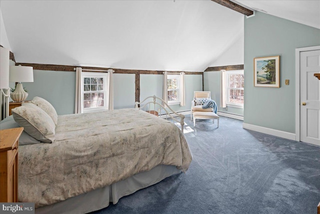 carpeted bedroom with a baseboard heating unit, lofted ceiling with beams, baseboard heating, and baseboards