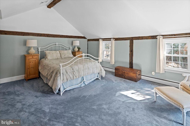 carpeted bedroom with lofted ceiling with beams, baseboard heating, and baseboards