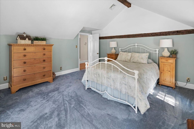 bedroom with vaulted ceiling with beams, dark colored carpet, visible vents, and baseboards