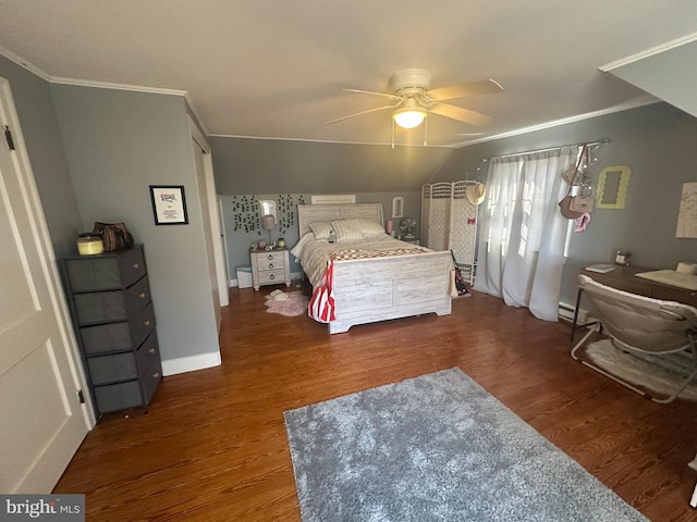 bedroom featuring a baseboard radiator, wood finished floors, a ceiling fan, baseboards, and crown molding