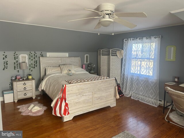 bedroom featuring lofted ceiling, ceiling fan, and wood finished floors