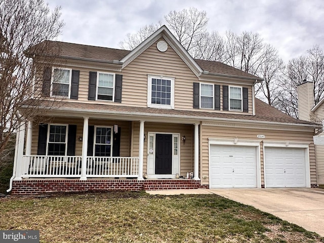 view of front facade with a garage, a shingled roof, a porch, and concrete driveway