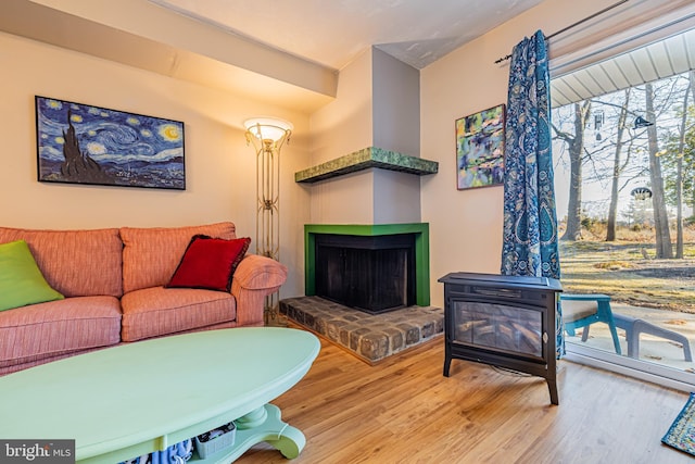 living room featuring wood-type flooring, a wood stove, and a multi sided fireplace