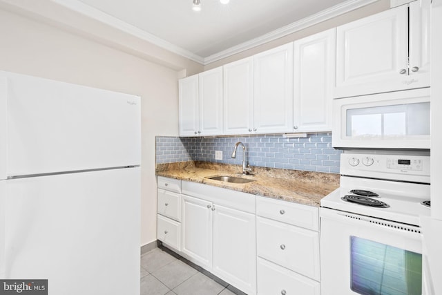 kitchen with sink, white cabinetry, light stone counters, ornamental molding, and white appliances