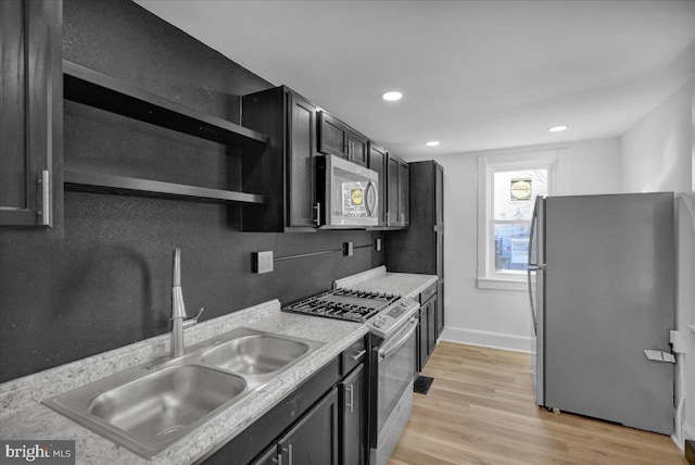 kitchen with appliances with stainless steel finishes, sink, backsplash, and light hardwood / wood-style flooring