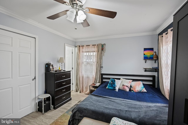 bedroom featuring ceiling fan and ornamental molding