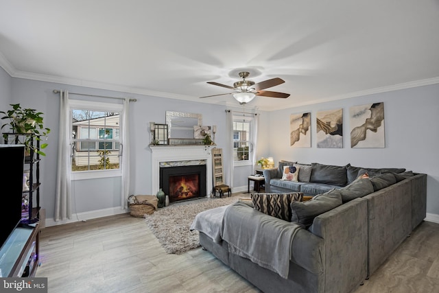 living area featuring ornamental molding, a premium fireplace, and baseboards