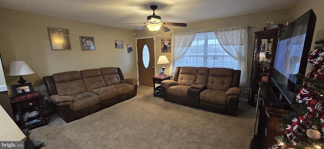 living room with carpet and ceiling fan