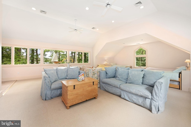 26372 Westerly Rd, Easton, MD 21601 - carpeted living room featuring vaulted ceiling, ceiling fan, healthy amount of natural light, recessed lighting, and baseboards