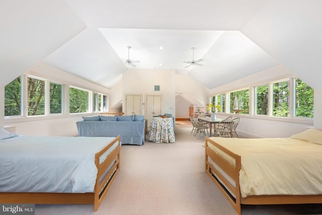 26372 Westerly Rd, Easton, MD 21601 - carpeted bedroom with multiple windows, lofted ceiling, and ceiling fan