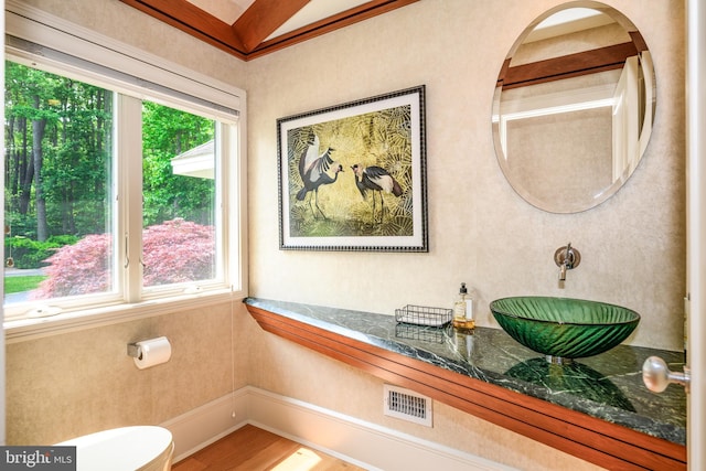 26372 Westerly Rd, Easton, MD 21601 - half bathroom featuring a sink, toilet, wood finished floors, and baseboards