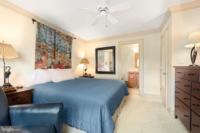 26372 Westerly Rd, Easton, MD 21601 - bedroom featuring crown molding, connected bathroom, light colored carpet, and ceiling fan
