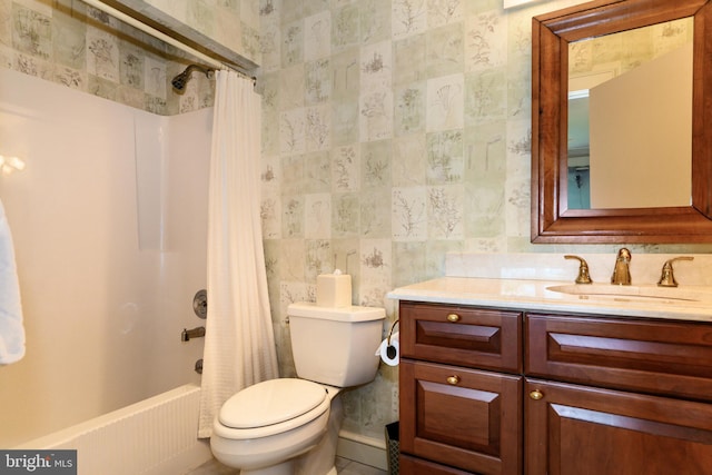 26372 Westerly Rd, Easton, MD 21601 - full bathroom with toilet, vanity, shower / bath combo, wallpapered walls, and tile walls