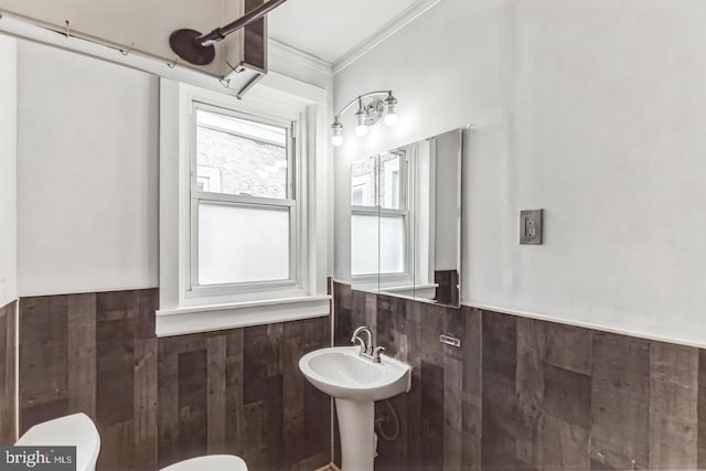 bathroom featuring crown molding, wooden walls, and toilet