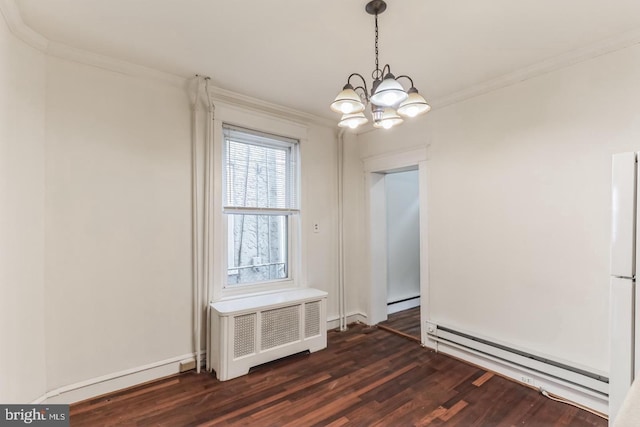 unfurnished dining area featuring a chandelier, ornamental molding, dark hardwood / wood-style floors, radiator, and a baseboard heating unit