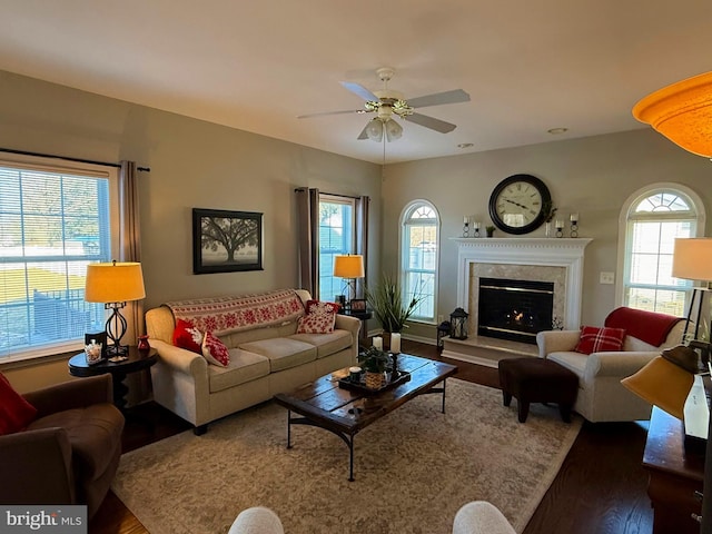 living room featuring ceiling fan, hardwood / wood-style flooring, a high end fireplace, and a healthy amount of sunlight