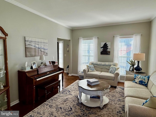 living room with crown molding, a wealth of natural light, and dark hardwood / wood-style floors