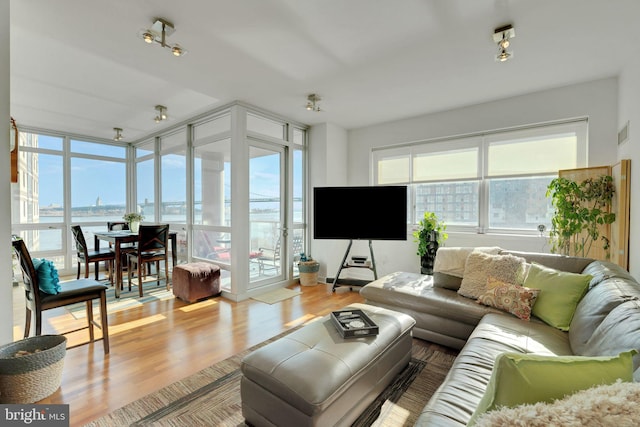 living room with wood-type flooring, floor to ceiling windows, and a water view