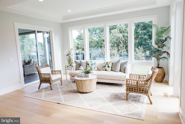 sunroom / solarium featuring a tray ceiling