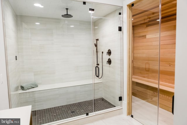 full bath with a sauna and a stall shower