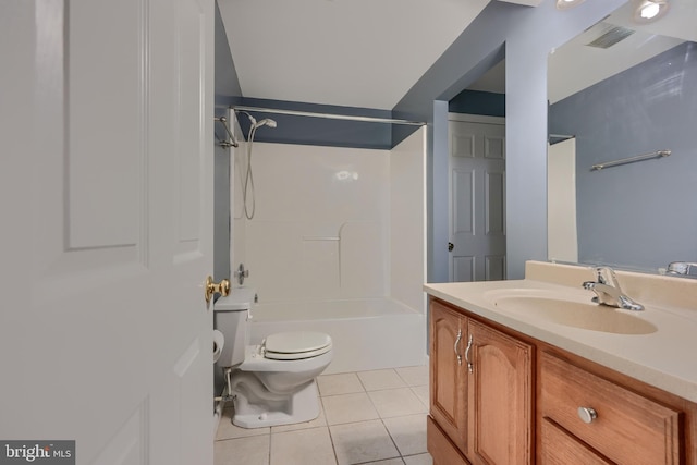 full bathroom with shower / bathtub combination, tile patterned floors, toilet, and vanity