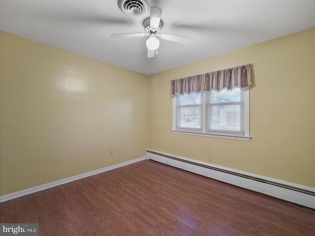 unfurnished room featuring dark hardwood / wood-style floors, ceiling fan, and baseboard heating