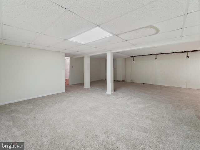 basement featuring light carpet and a drop ceiling