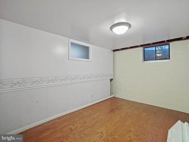 basement with light hardwood / wood-style floors