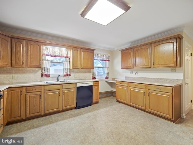 kitchen featuring sink, crown molding, decorative backsplash, and dishwasher