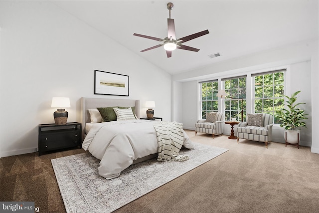 bedroom with carpet, baseboards, high vaulted ceiling, and ceiling fan