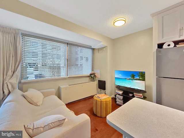 living room featuring light hardwood / wood-style floors and a textured ceiling