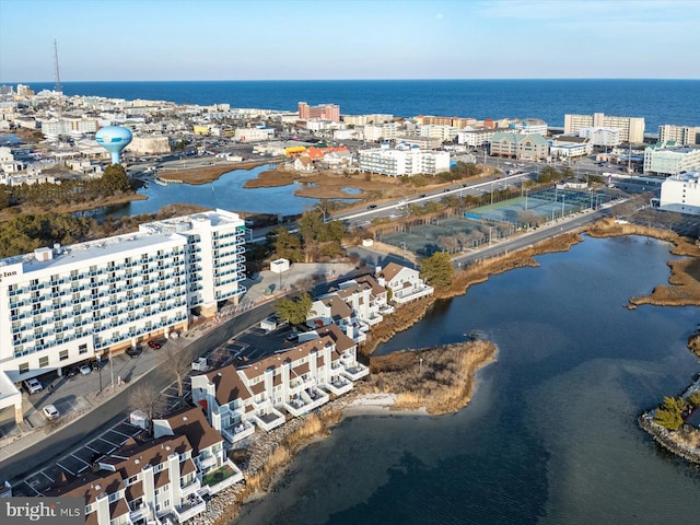 drone / aerial view featuring a water view