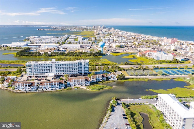 drone / aerial view featuring a water view