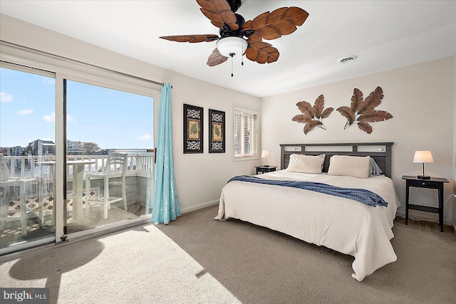 carpeted bedroom with access to outside and ceiling fan