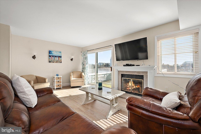 living room with a high end fireplace and light hardwood / wood-style flooring