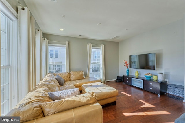 living room featuring dark wood-type flooring