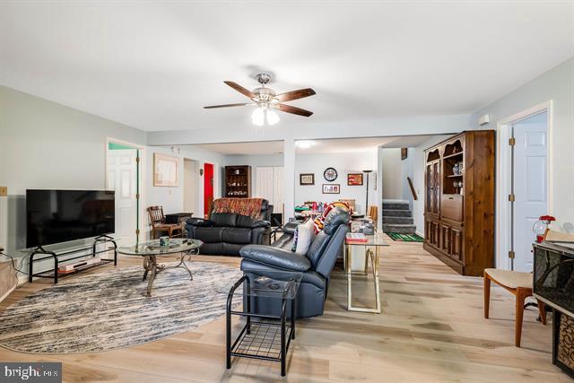 living room with ceiling fan and light wood-type flooring